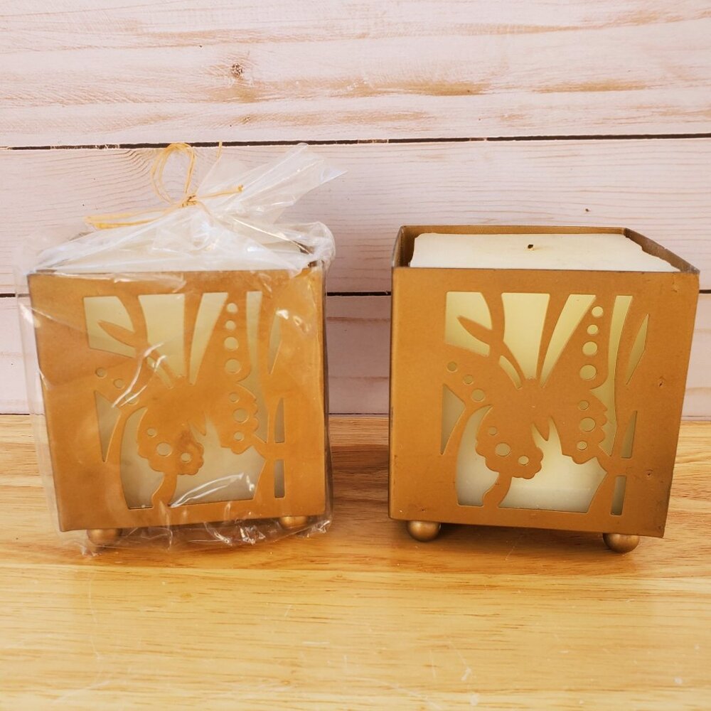 Butterfly Gold Metal Candle Holders White Unscented Candles VTG 1990s Set Of 2